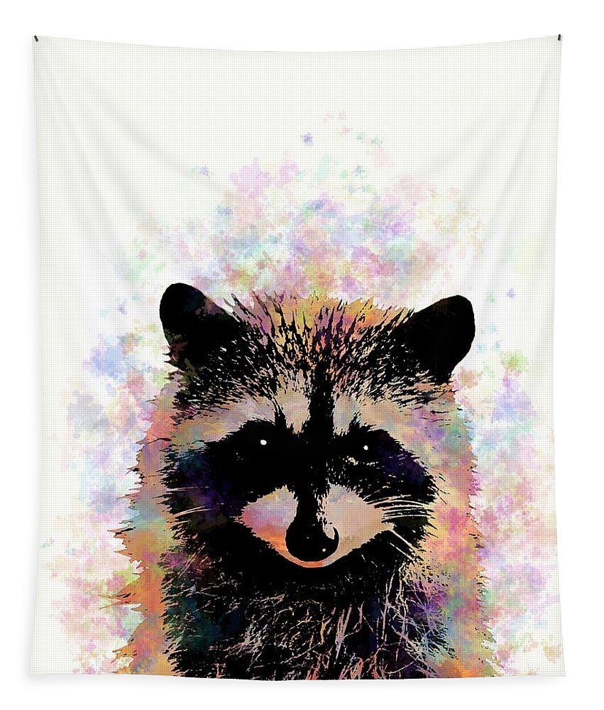Raccoon Tapestry featuring the mixed media Multicolor Raccoon 27 by Lucie Dumas