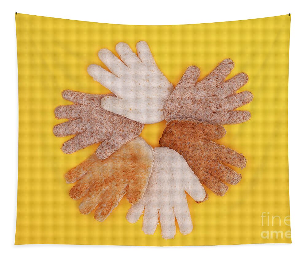 Hands Tapestry featuring the photograph Multicultural hands circle concept made from bread by Simon Bratt