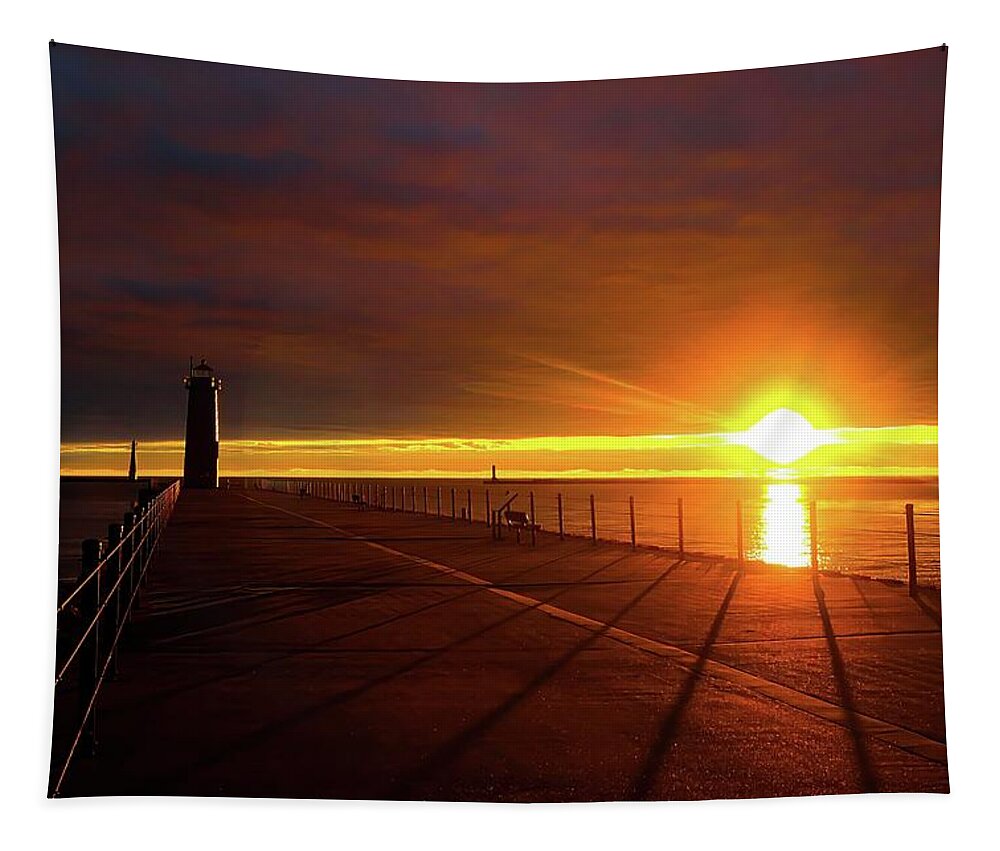  Tapestry featuring the photograph Muskegon Lighthouse Sunset IMG_5931 by Michael Thomas