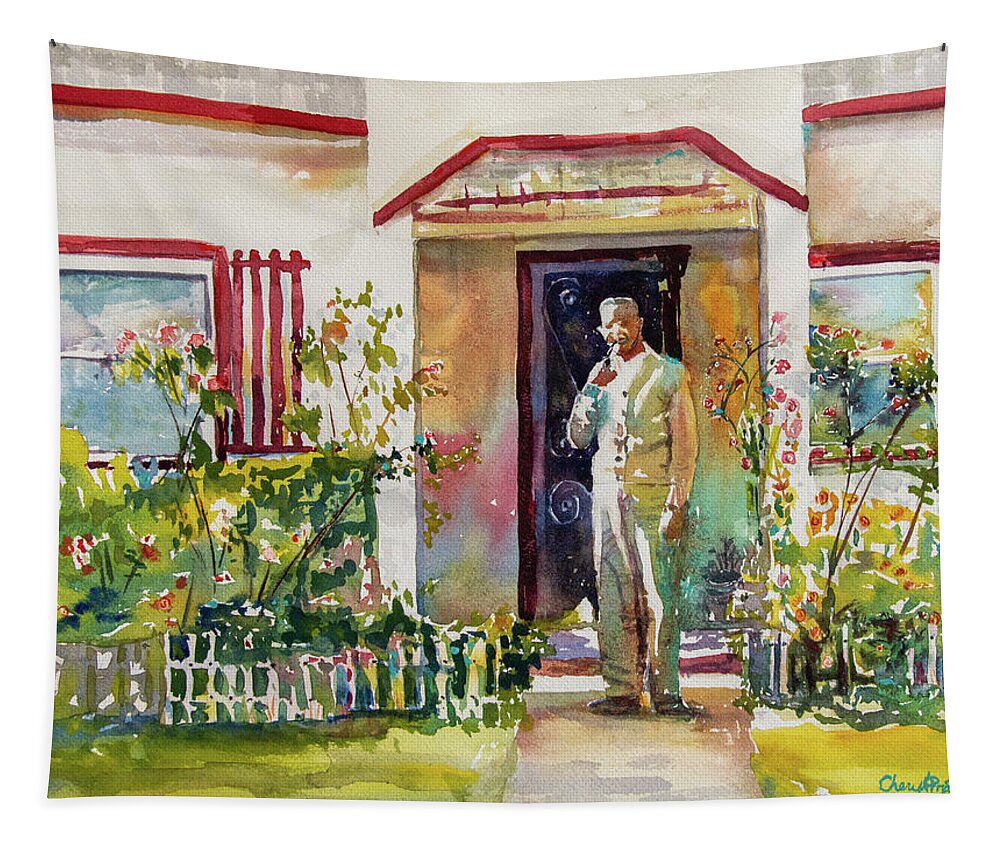 White House Tapestry featuring the painting My Home Town - White House Red Trim by Cheryl Prather