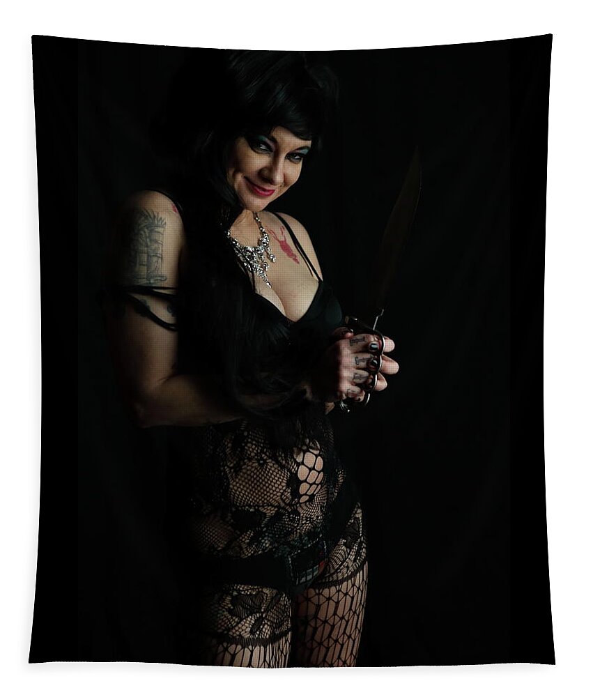 Elvira Tapestry featuring the photograph Mysti as Elvira by Cully Firmin