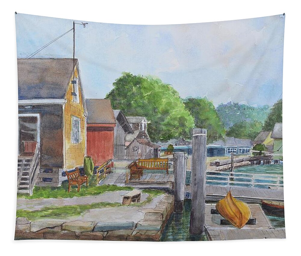 Mystic Seaport Tapestry featuring the painting Mystic Seaport Boathouse by Patty Kay Hall