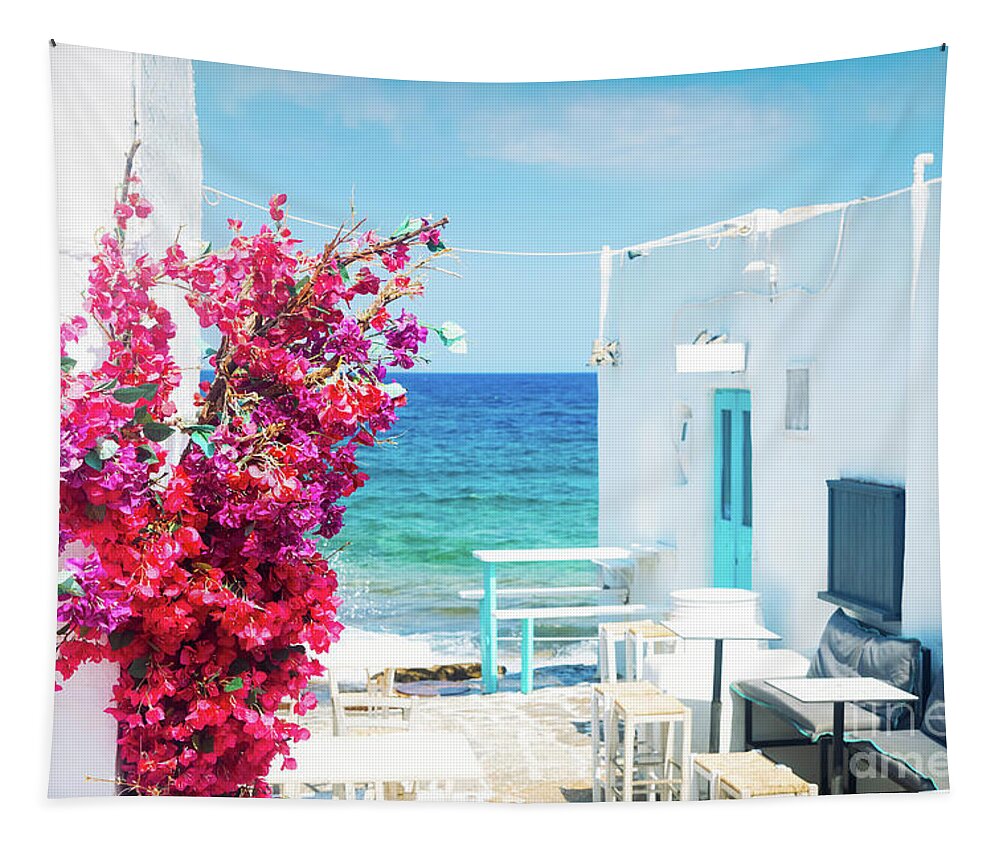 Aegean Tapestry featuring the photograph Naoussa white street by Anastasy Yarmolovich