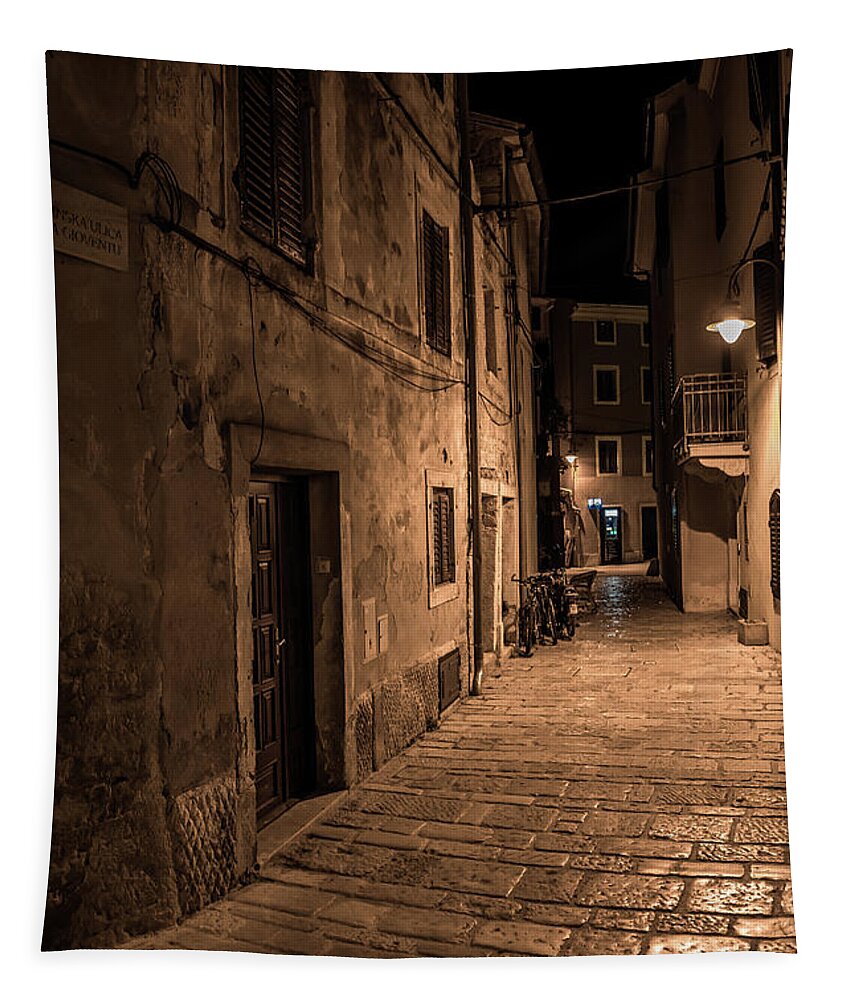 Accommodation Tapestry featuring the photograph Narrow Alley With Old Houses In The Village Fazana In Croatia by Andreas Berthold