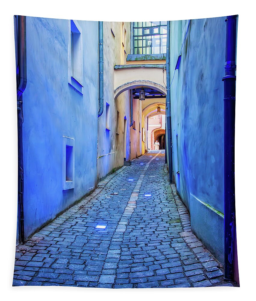Narrow Street Tapestry featuring the photograph Narrow blue passage by Tatiana Travelways