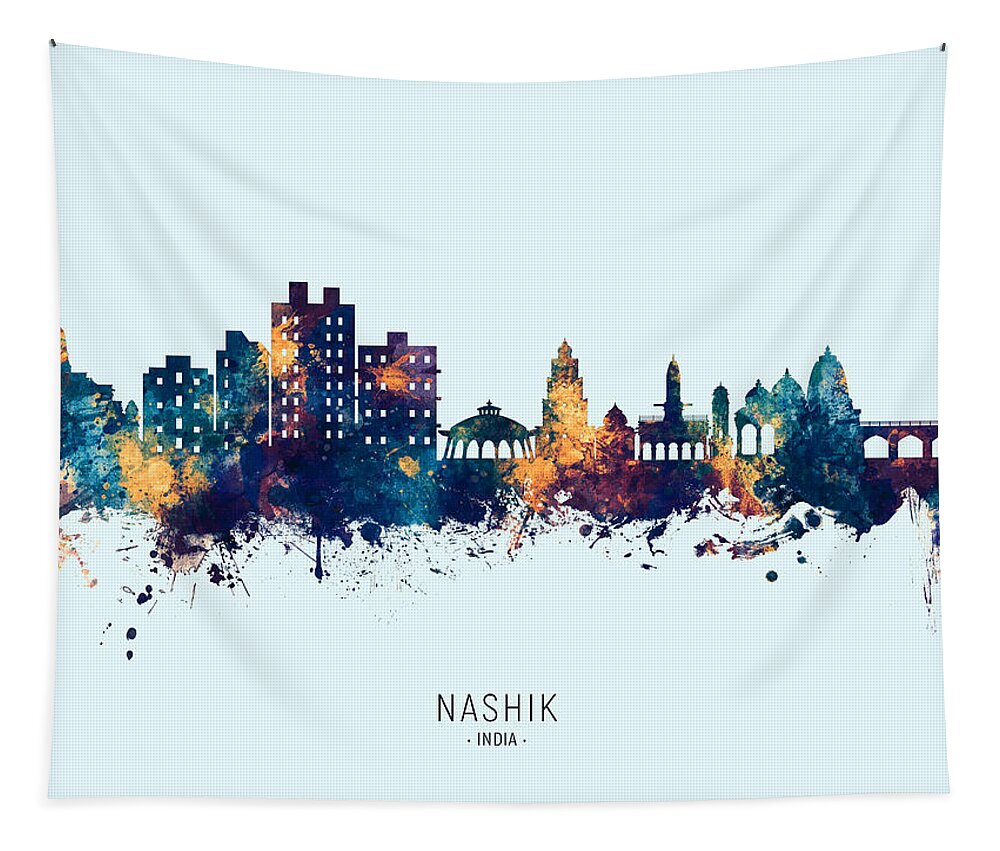 Nashik Tapestry featuring the digital art Nashik Skyline India #53 by Michael Tompsett