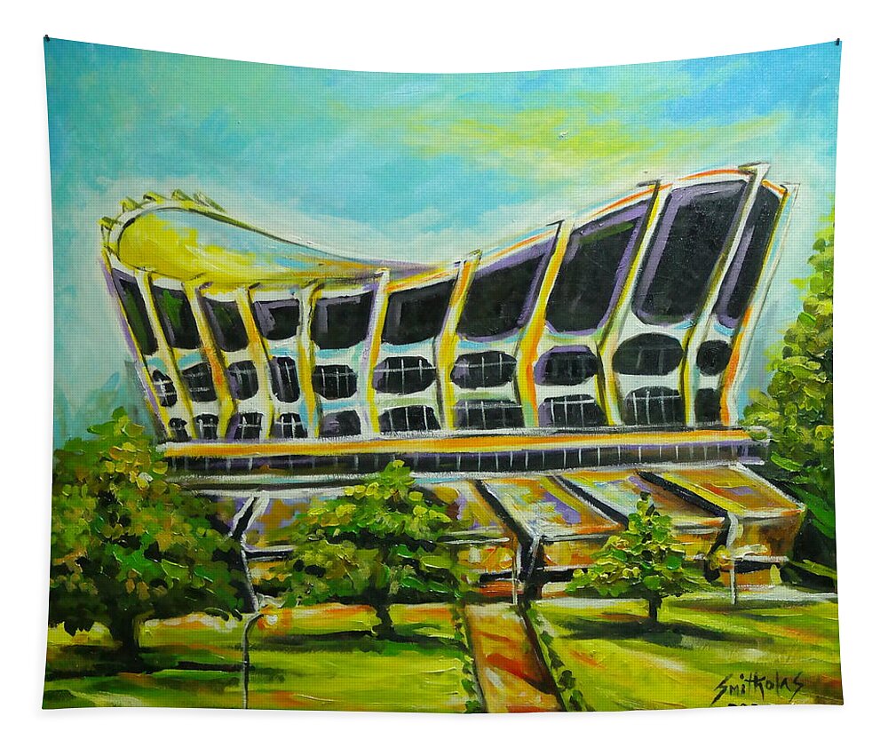 Living Room Tapestry featuring the painting National Theatre Nigeria by Olaoluwa Smith