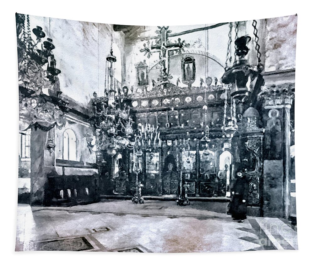 Orthodox Tapestry featuring the photograph Nativity Church Altar in 19th Century by Munir Alawi