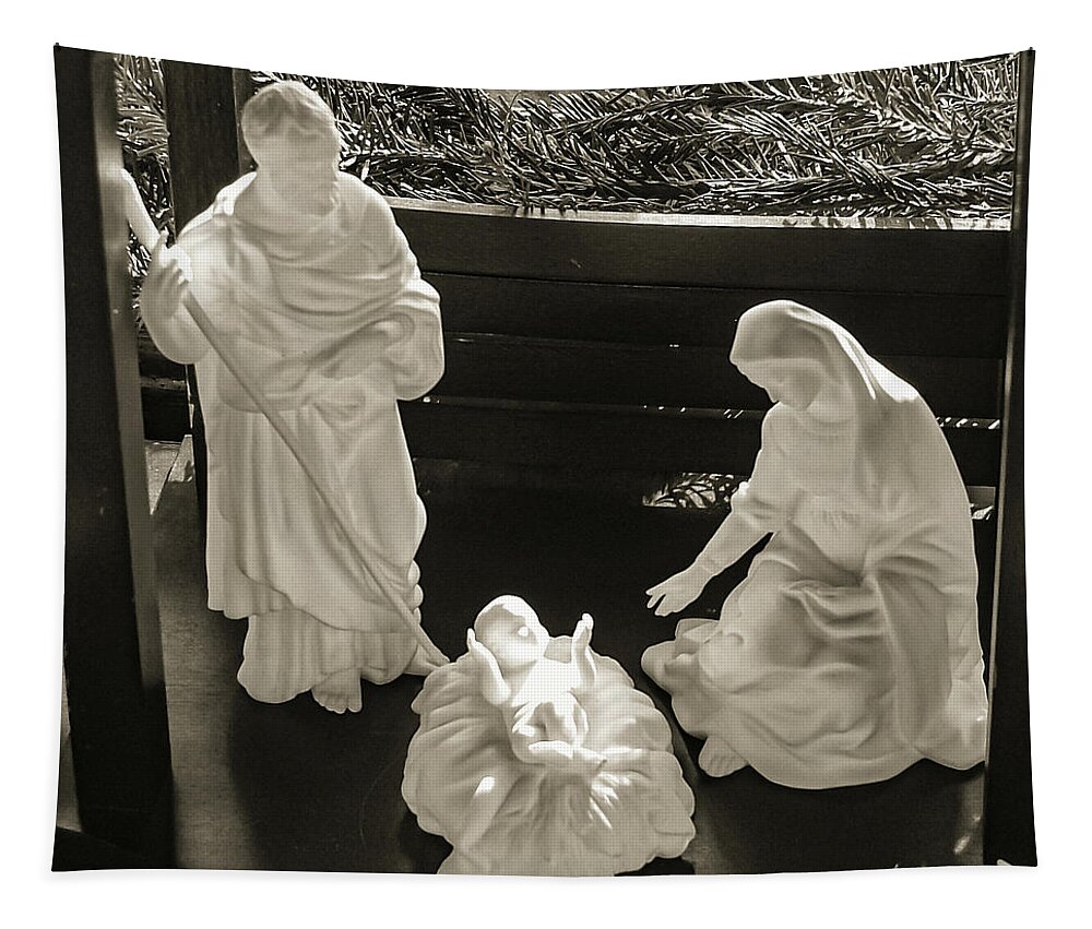 Nativity Mary Joseph Baby Jesus B&w Tapestry featuring the photograph Nativity2 by John Linnemeyer