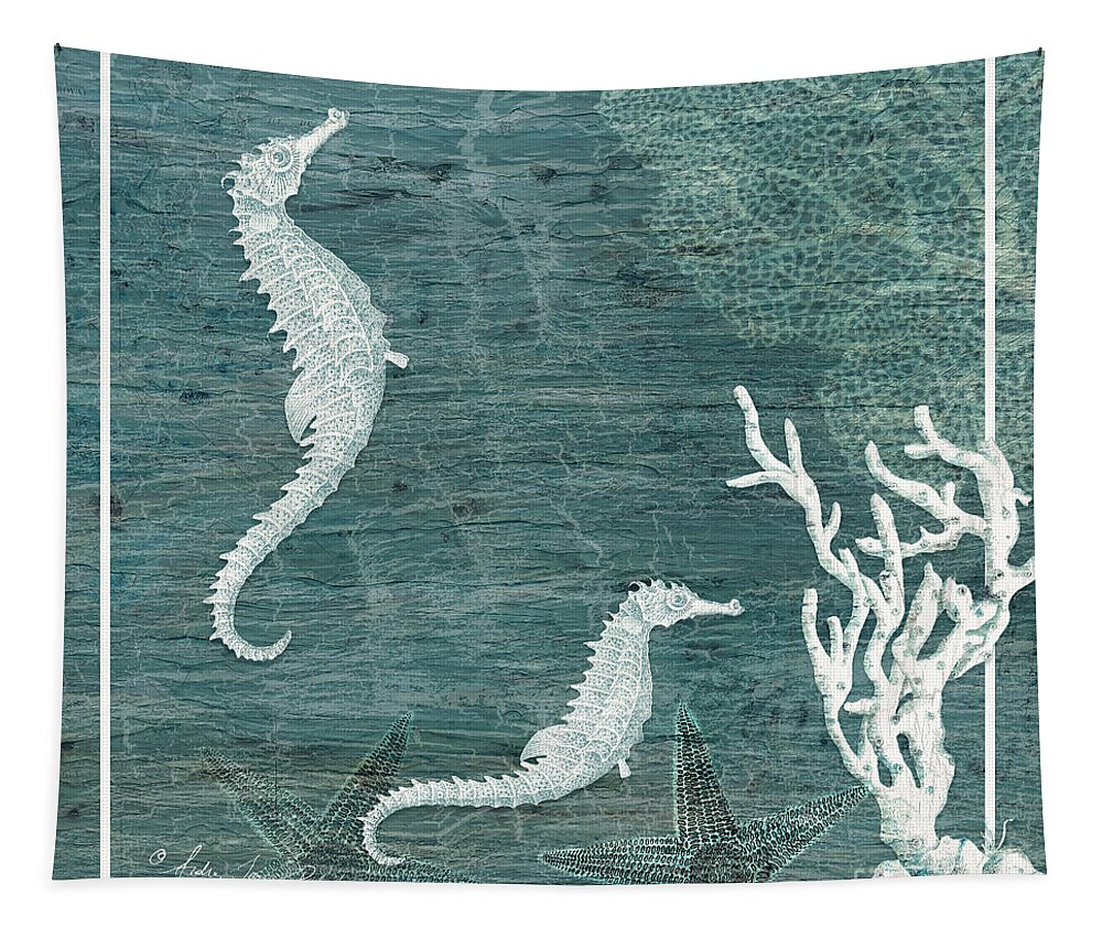 Nautical Ocean Tapestry featuring the painting Nautical Ocean Beach Life - Seahorses Starfish and Coral by Audrey Jeanne Roberts