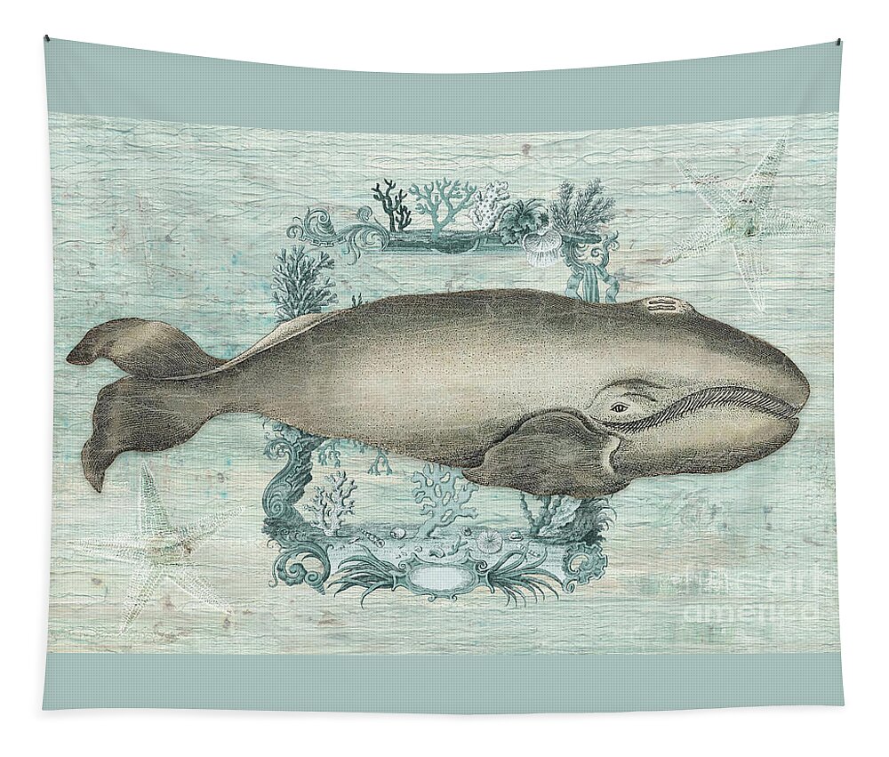 Nautical Ocean Tapestry featuring the painting Nautical Ocean Beach Life - Whale and Starfish by Audrey Jeanne Roberts