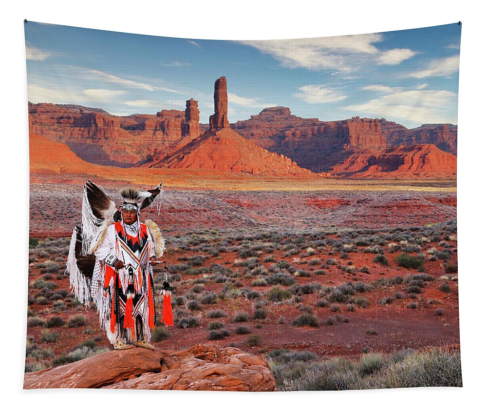Southwest Tapestry featuring the photograph Navajo Fancy Dancer at Valley Of The Gods - 4 by Dan Norris