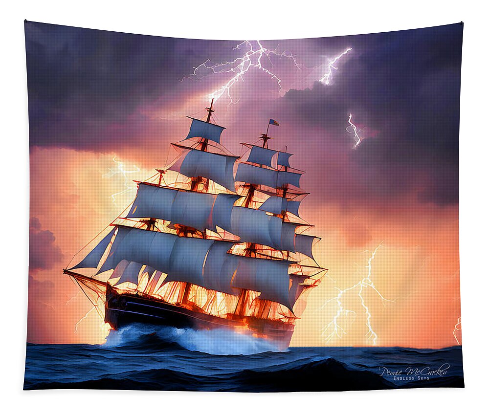 Ship Tapestry featuring the mixed media Navigating the Storm by Pennie McCracken