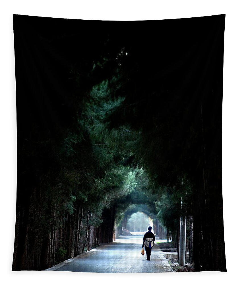 China Tapestry featuring the photograph Naxi Woman in the Tunnel of Trees by Mark Gomez
