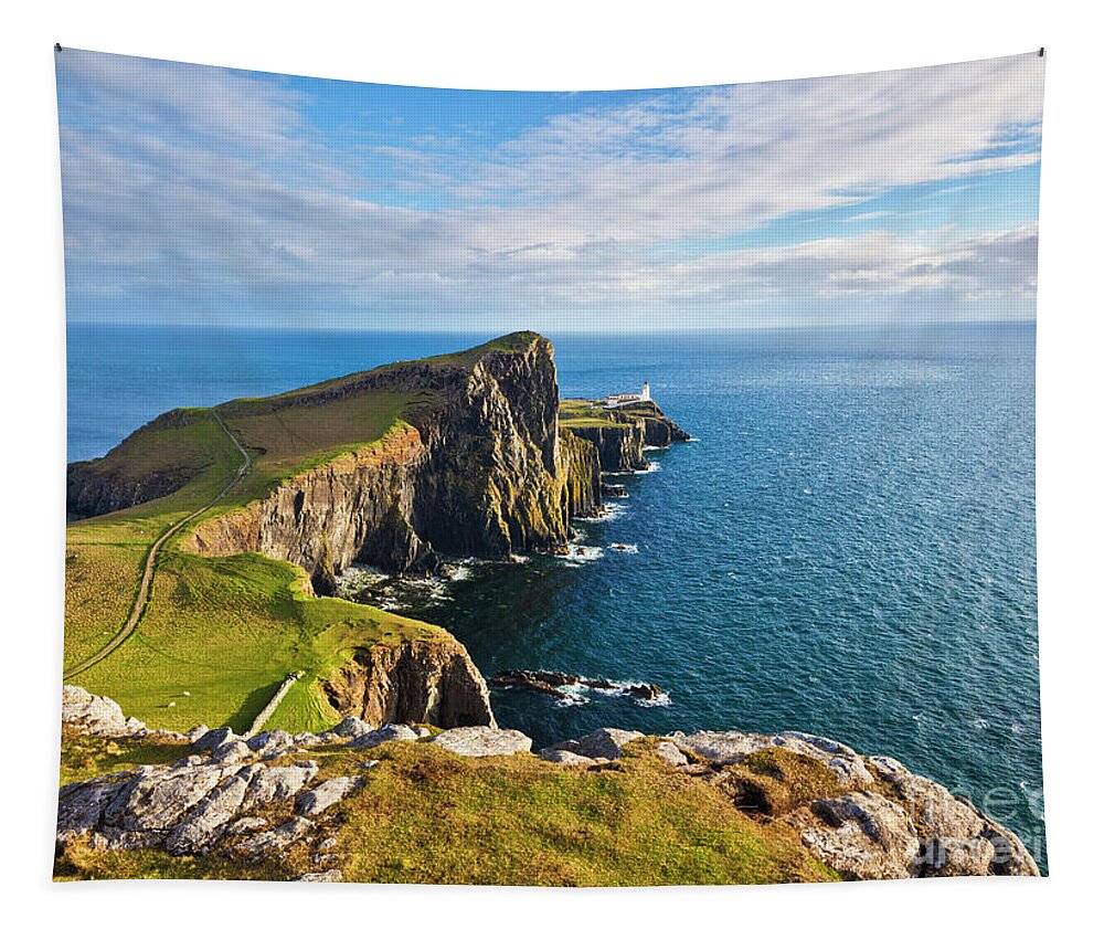 Neist Point Tapestry featuring the photograph Neist Point and Lighthouse, Isle of Skye, Scotland by Neale And Judith Clark