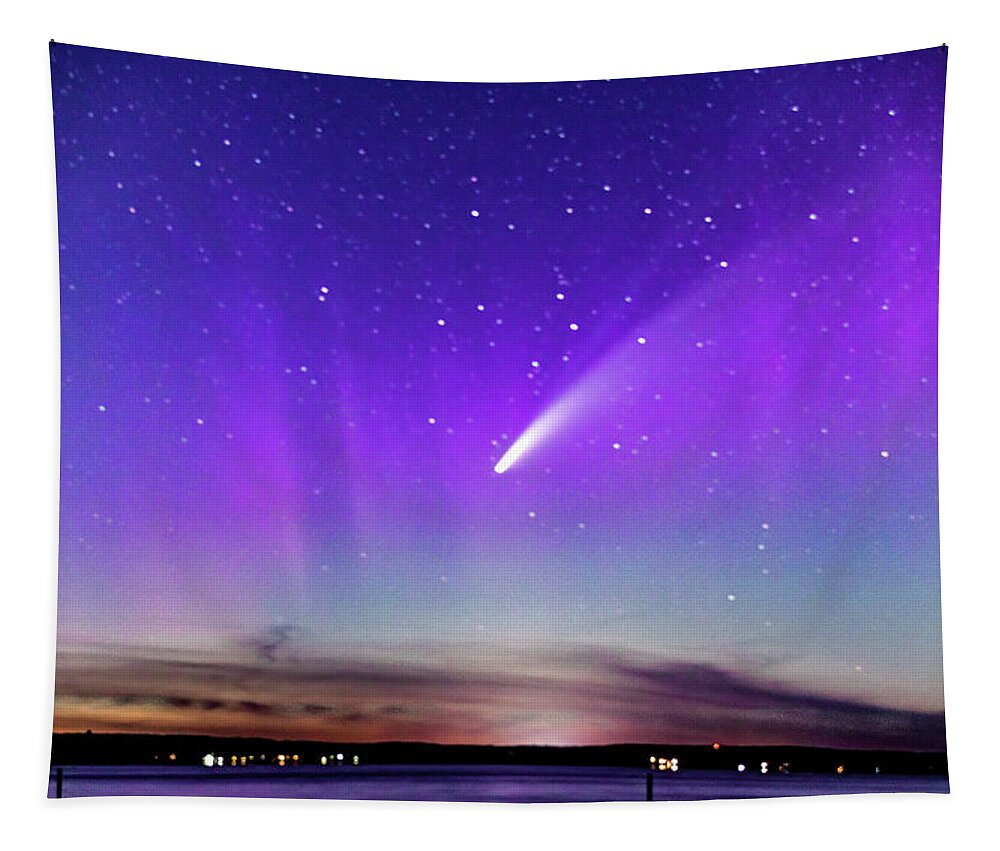 Neowise Comet Tapestry featuring the photograph NEOWISE COMET with a splash of Northern Lights by Joe Holley