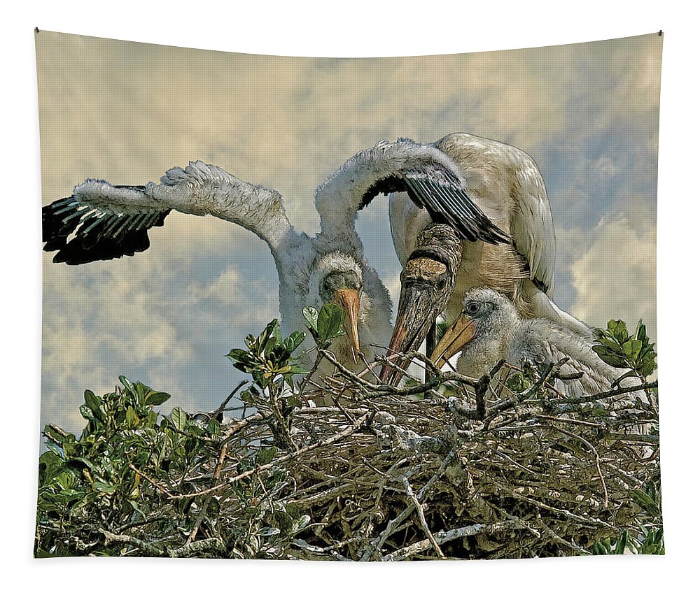 Wood Storks Tapestry featuring the digital art Nesting Wood Storks Cps by Larry Linton