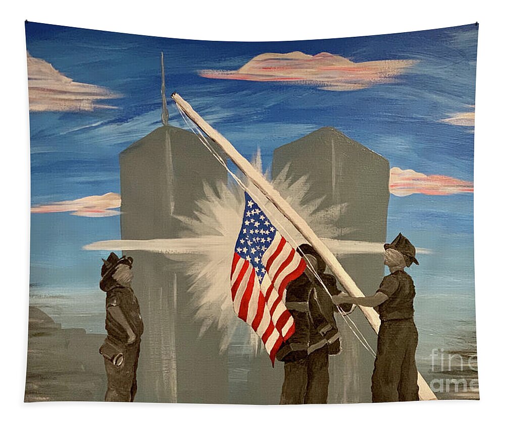 Twin Towers Tapestry featuring the painting Never Forget 9/11 by Deena Withycombe