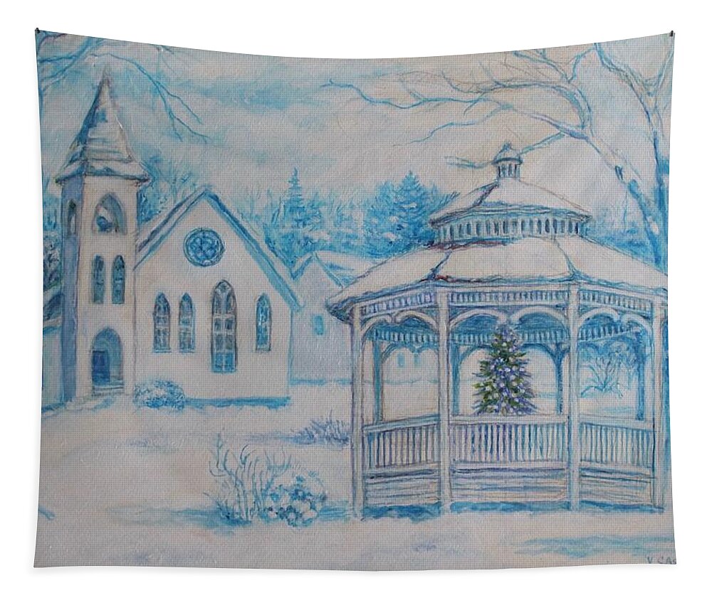 Snow Scene Tapestry featuring the painting New England Church by Veronica Cassell vaz
