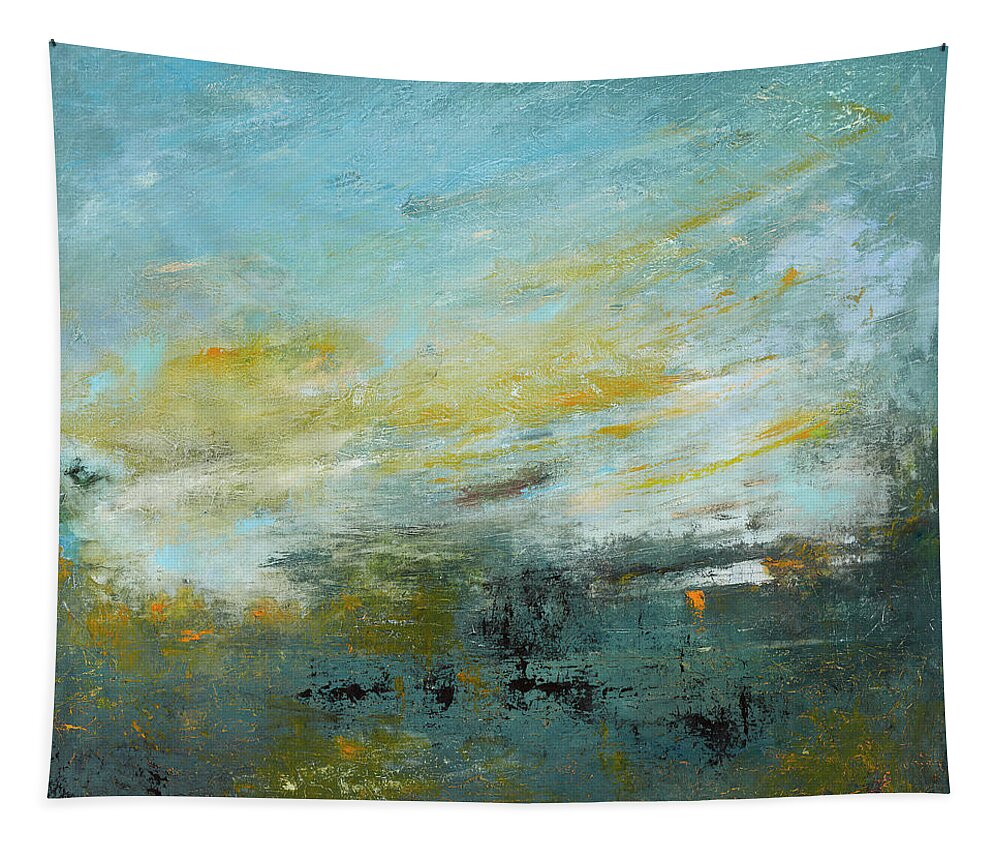 Landscape Tapestry featuring the painting New Farm Park at Dusk by Roger Clarke