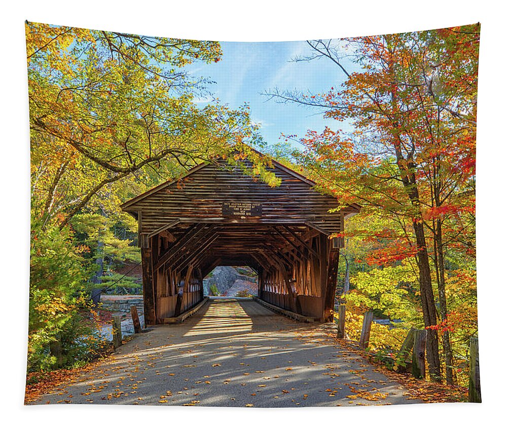 Albany Covered Bridge Tapestry featuring the photograph New Hampshire Fall Foliage at the Albany Covered Bridge by Juergen Roth