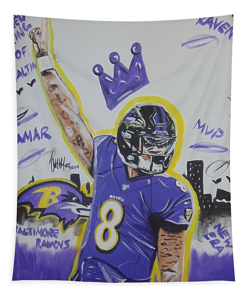Lamar Jackson Tapestry featuring the painting New King of Baltimore by Antonio Moore