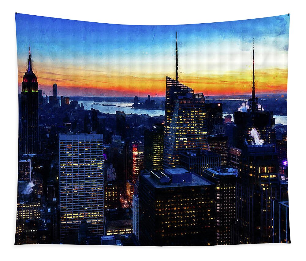 New York Panorama Tapestry featuring the painting New York, Manhattan Panorama - 21 by AM FineArtPrints