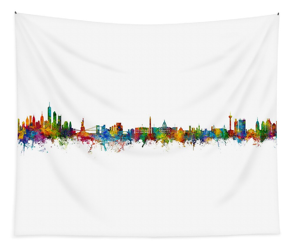 San Antonio Tapestry featuring the digital art New York, Washington DC and San Antonio Skylines Mashup by Michael Tompsett