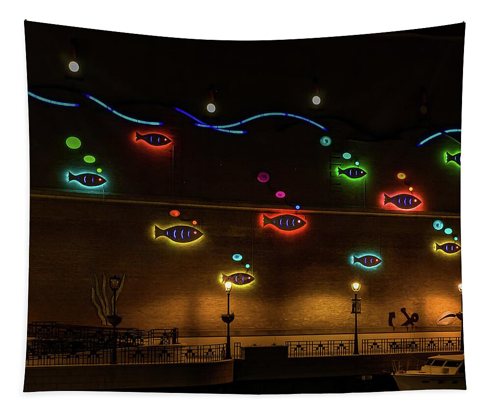 Milwaukee Riverwalk Tapestry featuring the photograph Night Art by Deb Beausoleil