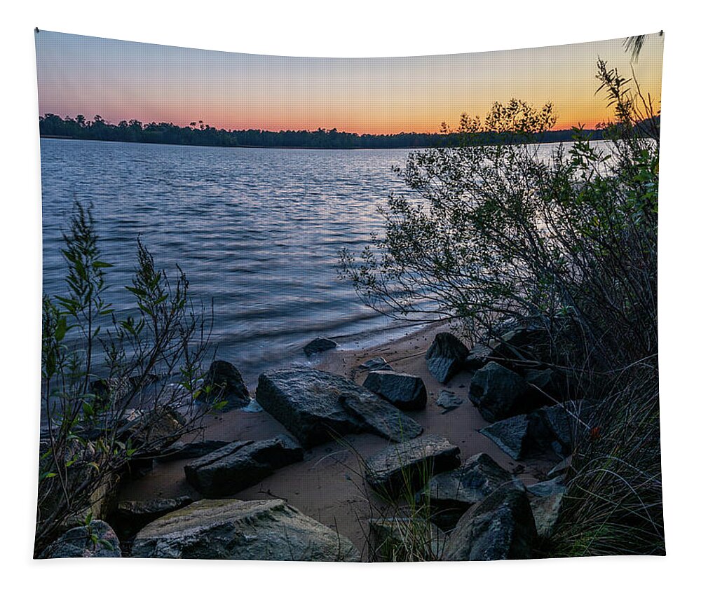 Landscape Tapestry featuring the photograph Night Falls at the Water's Edge by Rachel Morrison