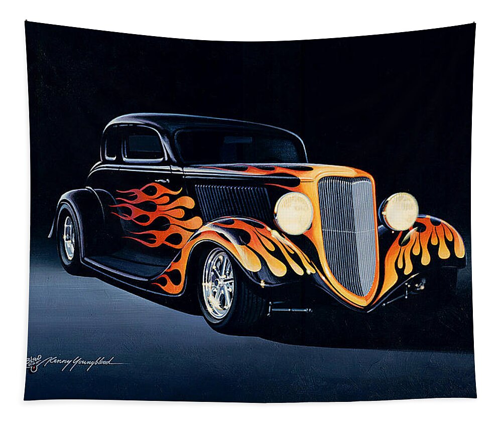 Drag Racing Nhra Top Fuel Funny Car John Force Kenny Youngblood Nitro Champion March Meet Images Image Race Track Fuel Hot Rod Rods 34 Ford Coupe Flamed Cars Flames Tapestry featuring the painting Night Rider by Kenny Youngblood