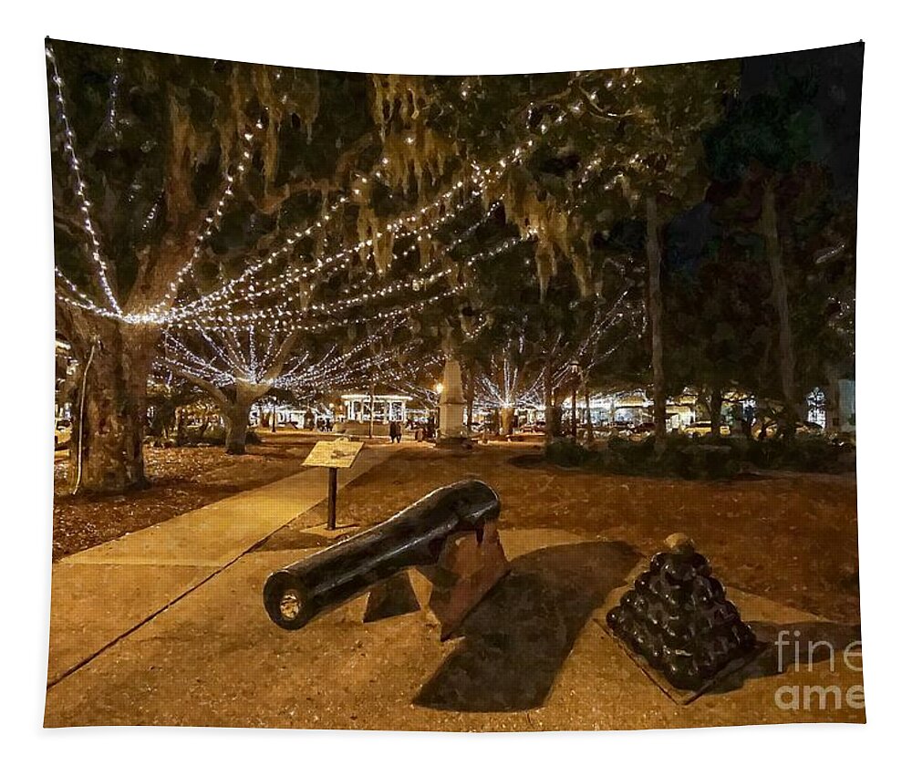 Florida Tapestry featuring the photograph Night street scene on St George Street in the downtown historic district in St Augustine, Florida US by William Kuta