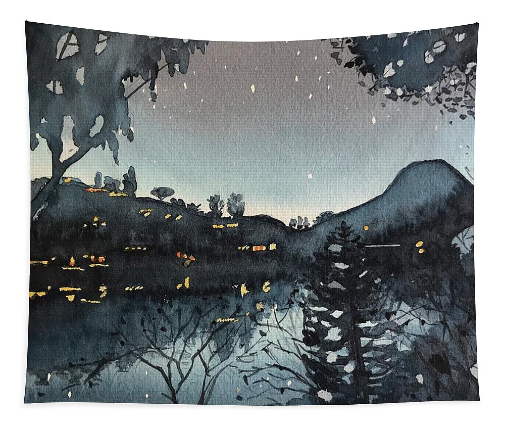 Night Tapestry featuring the painting Night time at the Lake by Luisa Millicent