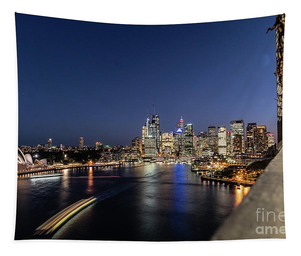 Australia Tapestry featuring the photograph Night view of the famous Sydney bay, the Opera house from the Sy by Didier Marti