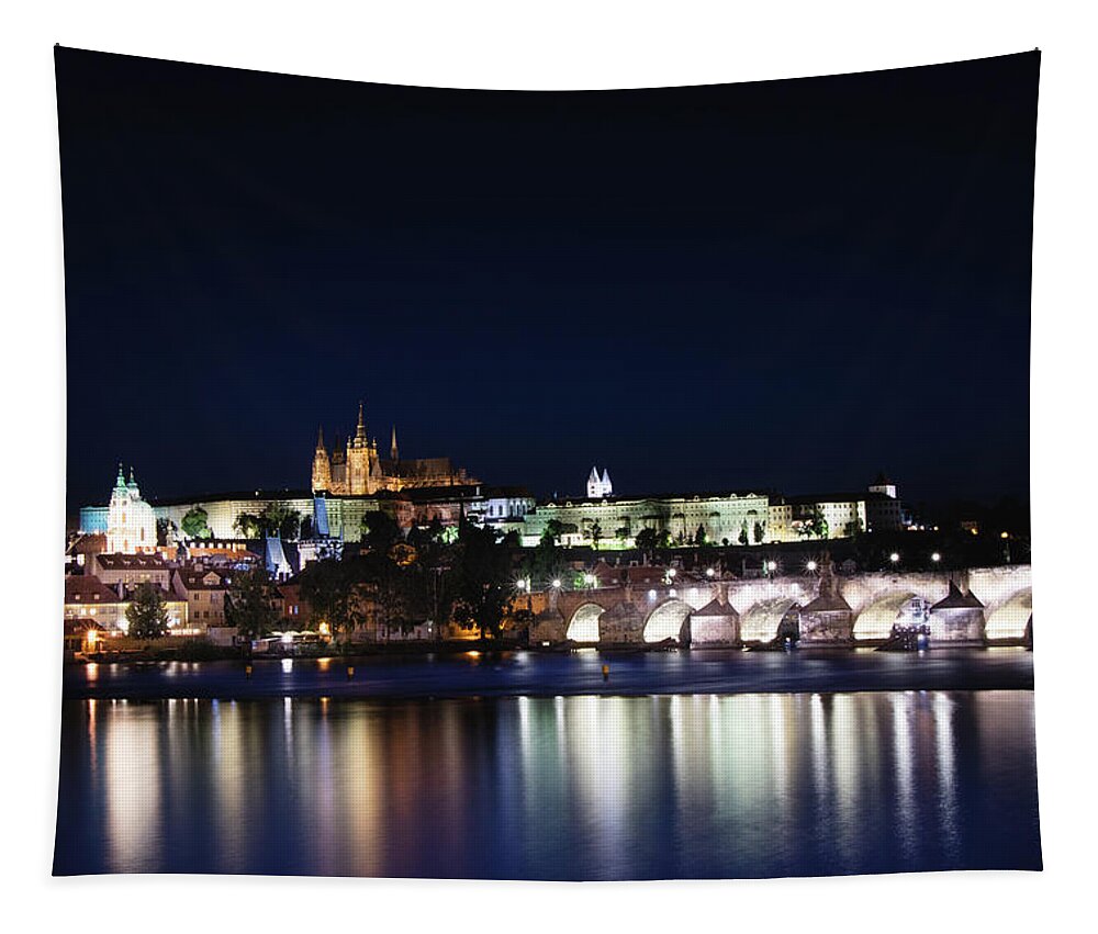 Lamps Tapestry featuring the photograph Night view of the old town of Prague with Prague Castle by Vaclav Sonnek