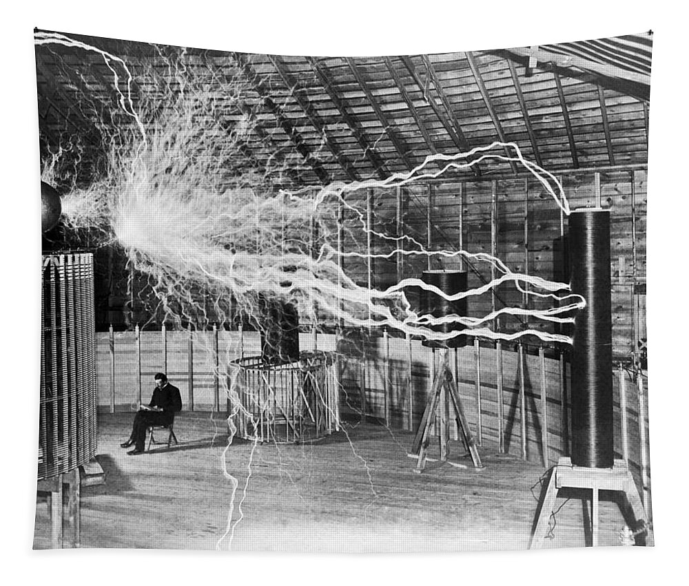 Nikola Tesla Tapestry featuring the photograph Nikola Tesla - Bolts Of Electricity by War Is Hell Store