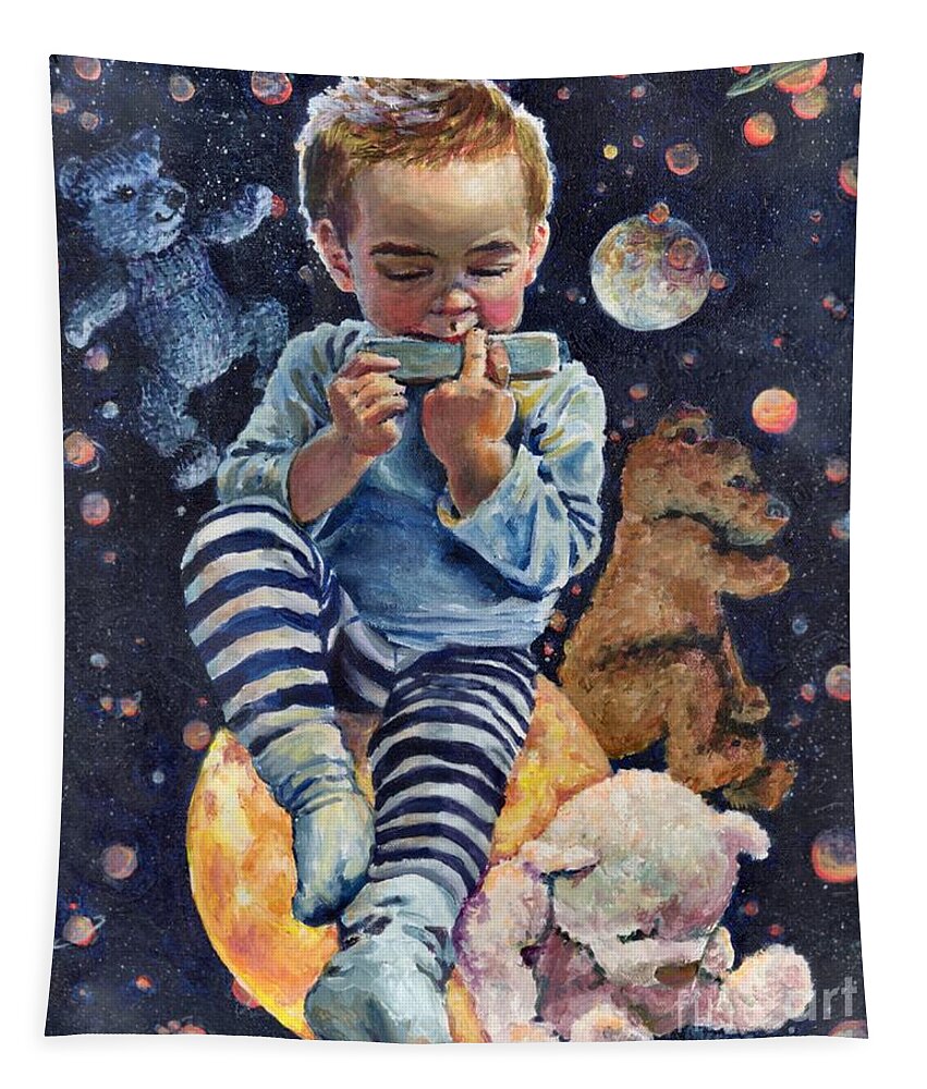 Boy Tapestry featuring the painting Nocturne on Harmonica for Bear Trio by Merana Cadorette