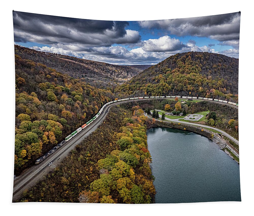 Railroad Tapestry featuring the photograph Norfolk Southern 4041 leads a westbound through Horseshoe Curve by Jim Pearson