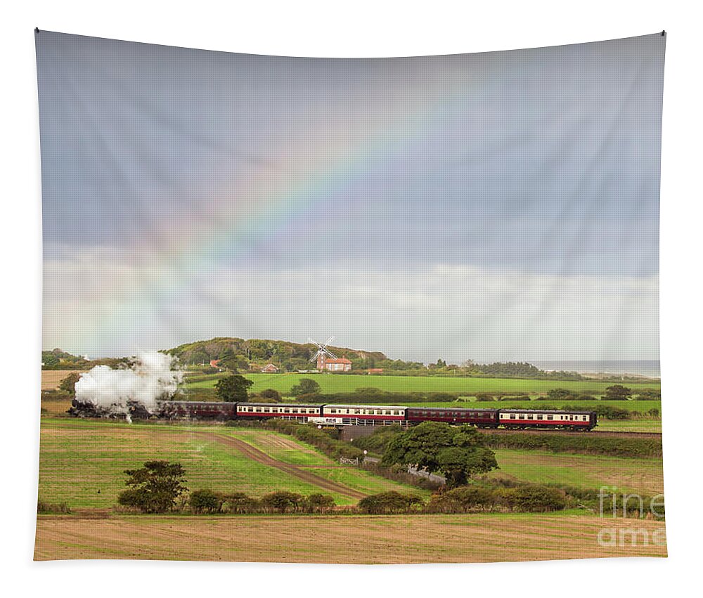 Weybourne Tapestry featuring the photograph Norfolk steam train with Weybourne windmill and rainbow by Simon Bratt