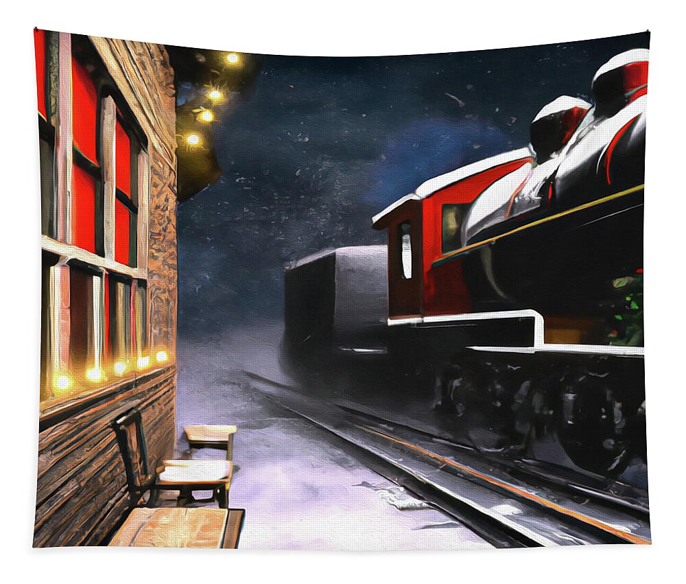 Steam Train Tapestry featuring the digital art North Pole Station by Alison Frank