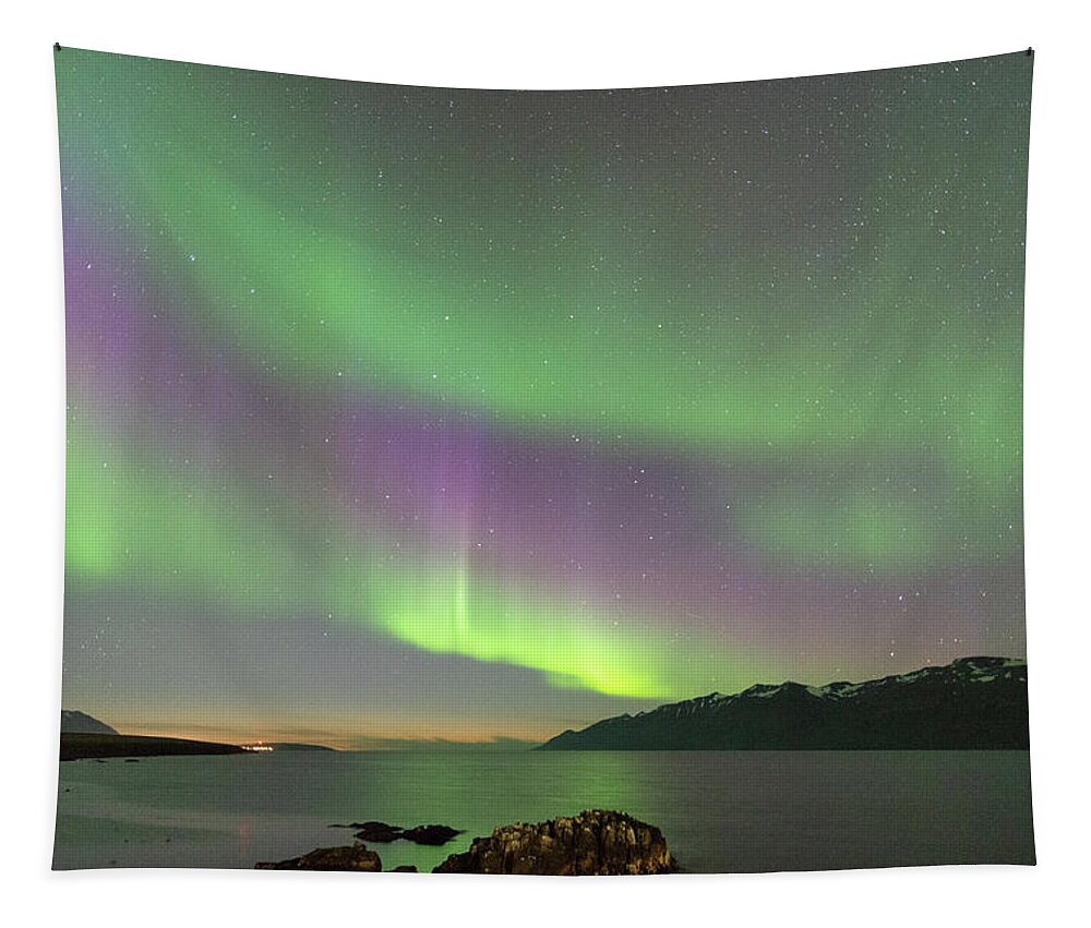 Outdoor; Northern Lights; Aurora; Aurora Borealis; Borealis; Atlantic Ocean; Mountains; Reflection; Colors; Akureyri; Iceland; Iceland Nature; Travelling; Grýtubakkahreppur; Eyjafjordur Bay Tapestry featuring the digital art Northern lights on Akureyri, Iceland by Michael Lee