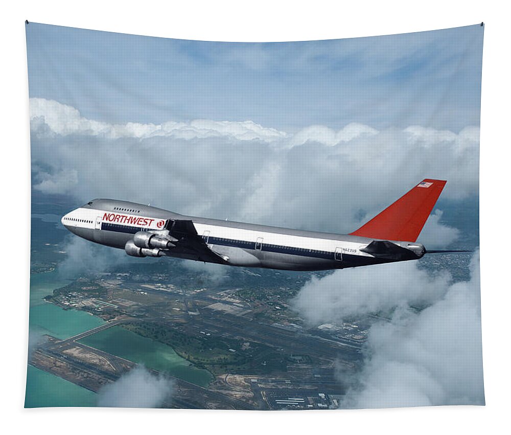 Northwest Orient Airlines Tapestry featuring the mixed media Northwest Airlines Boeing 747 over Hawaii by Erik Simonsen