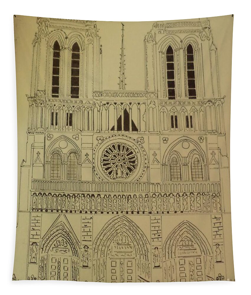 Donnsart1 Tapestry featuring the drawing Notre Dame Ink Drawing by Donald Northup