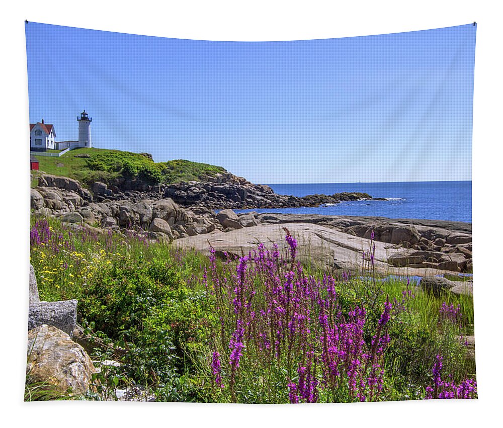 Maine Tapestry featuring the photograph Nubble Light Flowers by White Mountain Images