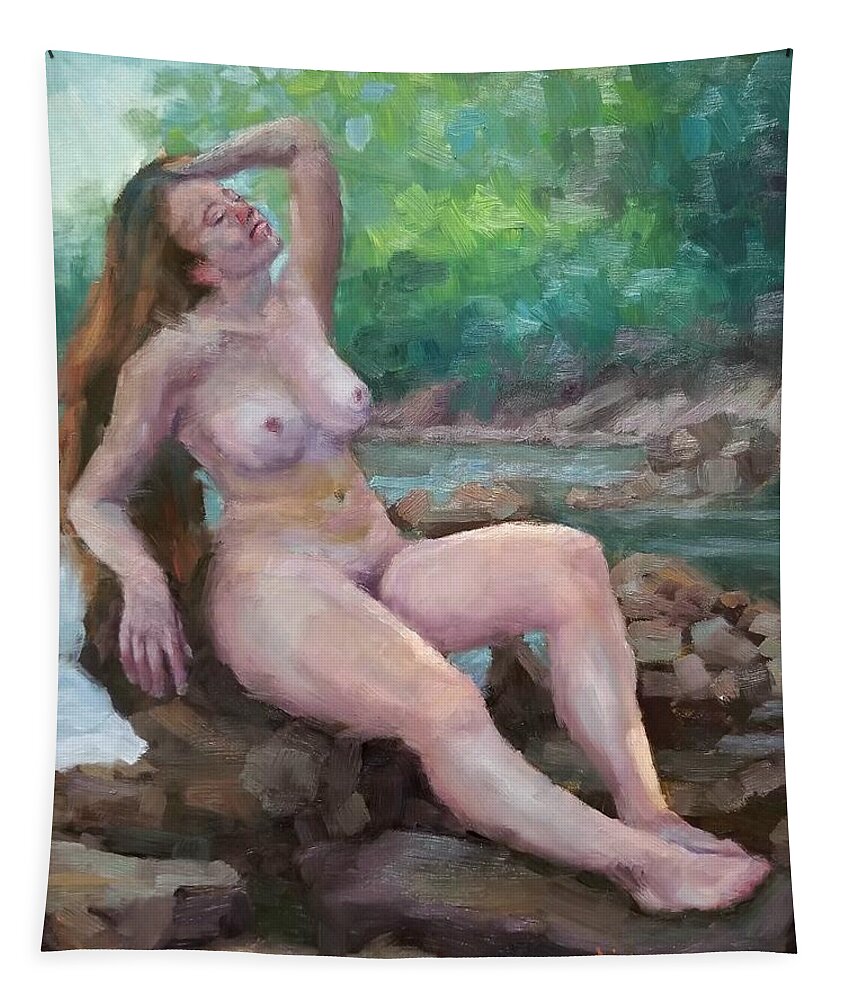 Plein Air Tapestry featuring the painting Nude woman by creek by Jeff Dickson