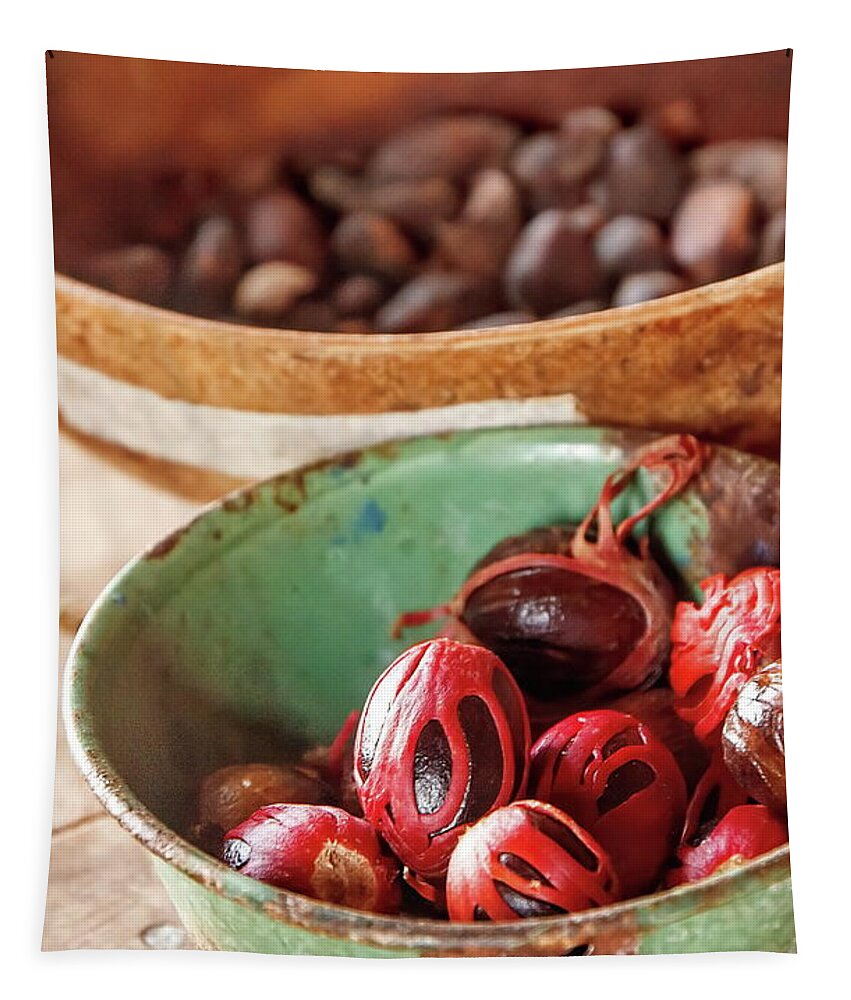 Brown Tapestry featuring the photograph Nutmeg in Green and Brown Bowls by Darryl Brooks
