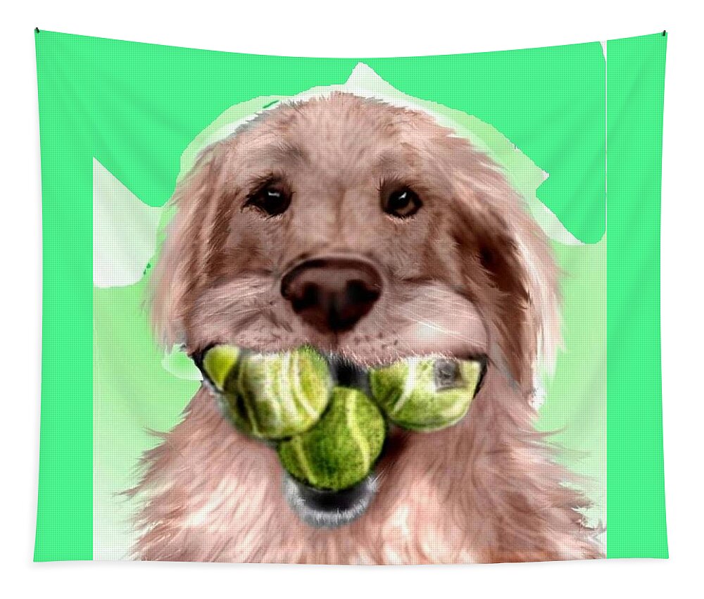 Golden Retriever Tennis Balls Fetching Fetch Funny Caricature Pencil Sketch Mixed Media Tapestry featuring the mixed media Nuts for Tennis by Pamela Calhoun