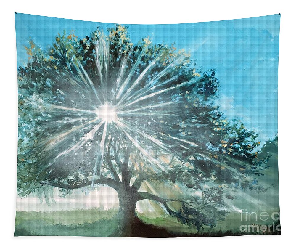 Oak Tapestry featuring the painting Oak in the morning fog by Merana Cadorette