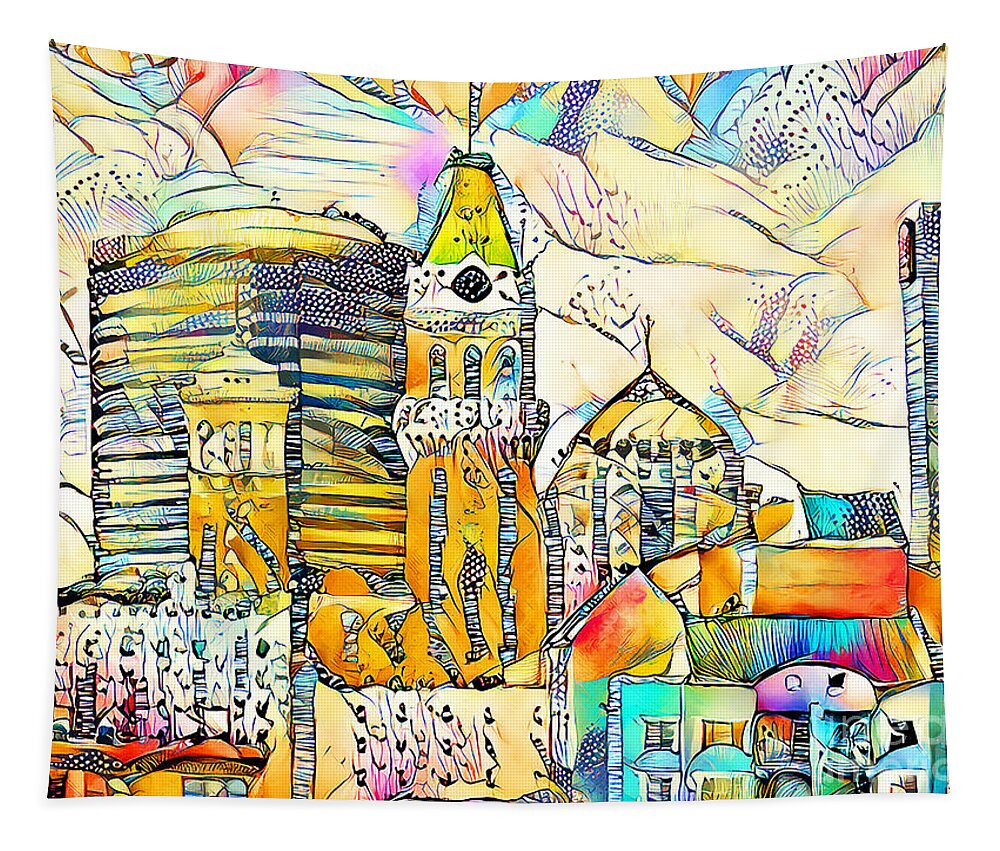 Wingsdomain Tapestry featuring the photograph Oakland Tribune And The Oakland Skyline in Surreal Abstract 20210113 by Wingsdomain Art and Photography