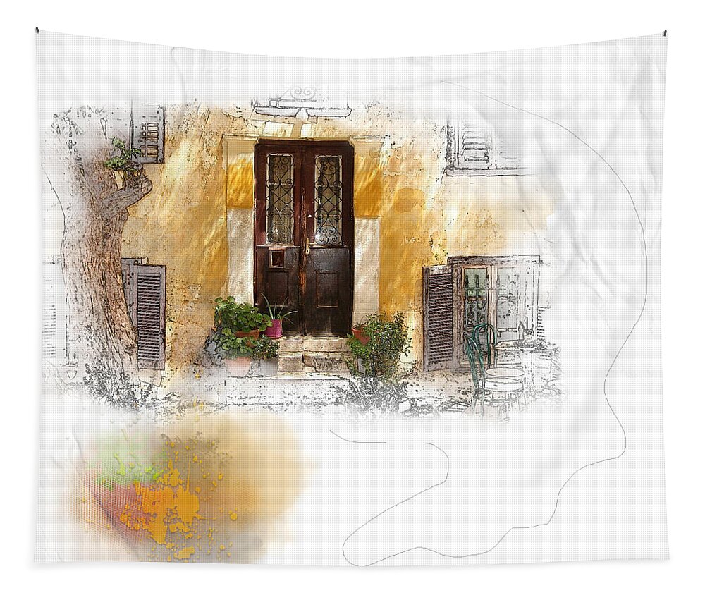 Golden Tapestry featuring the mixed media Oasis An Urban Courtyard by Moira Law